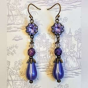 Victorian Purple Flower Crystals & Glass In Long Tiered Ornate Brass Earrings